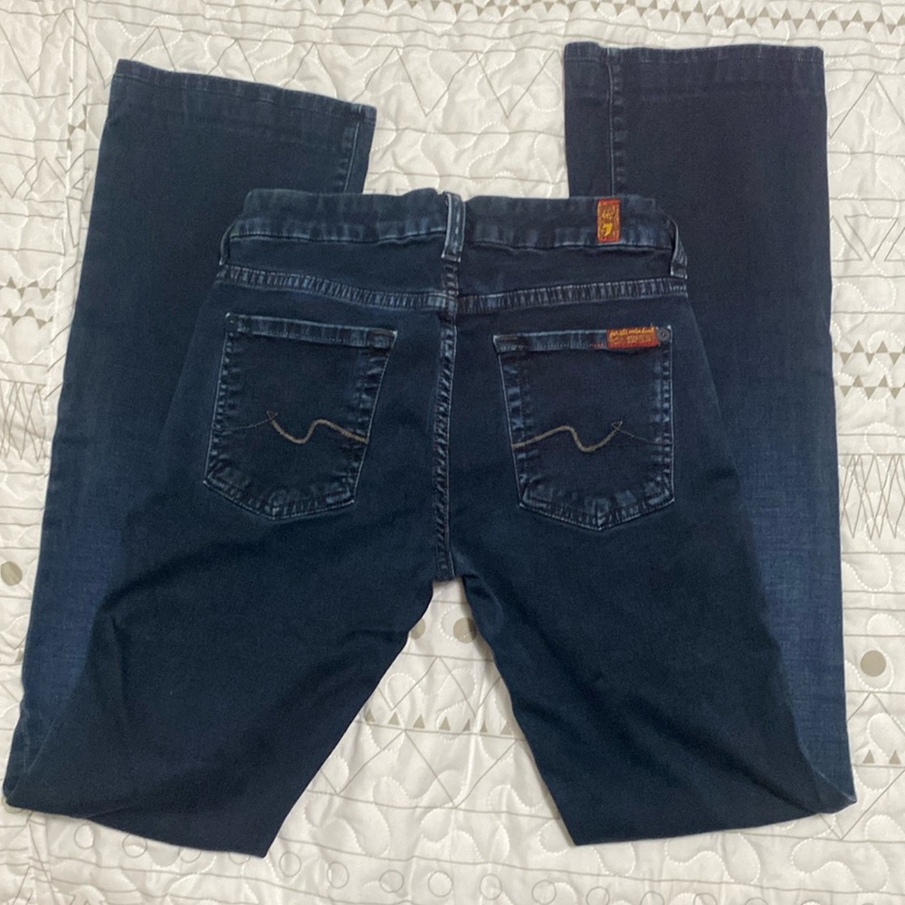 7 for all mankind, dark wash, stretch straight cut jeans.